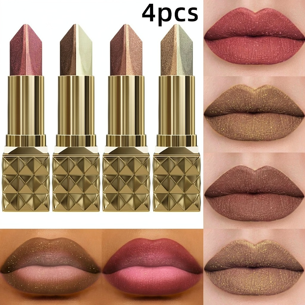 4-Piece Glitter Metallic Two-Tone Matte Pearlescent Lipstick Set