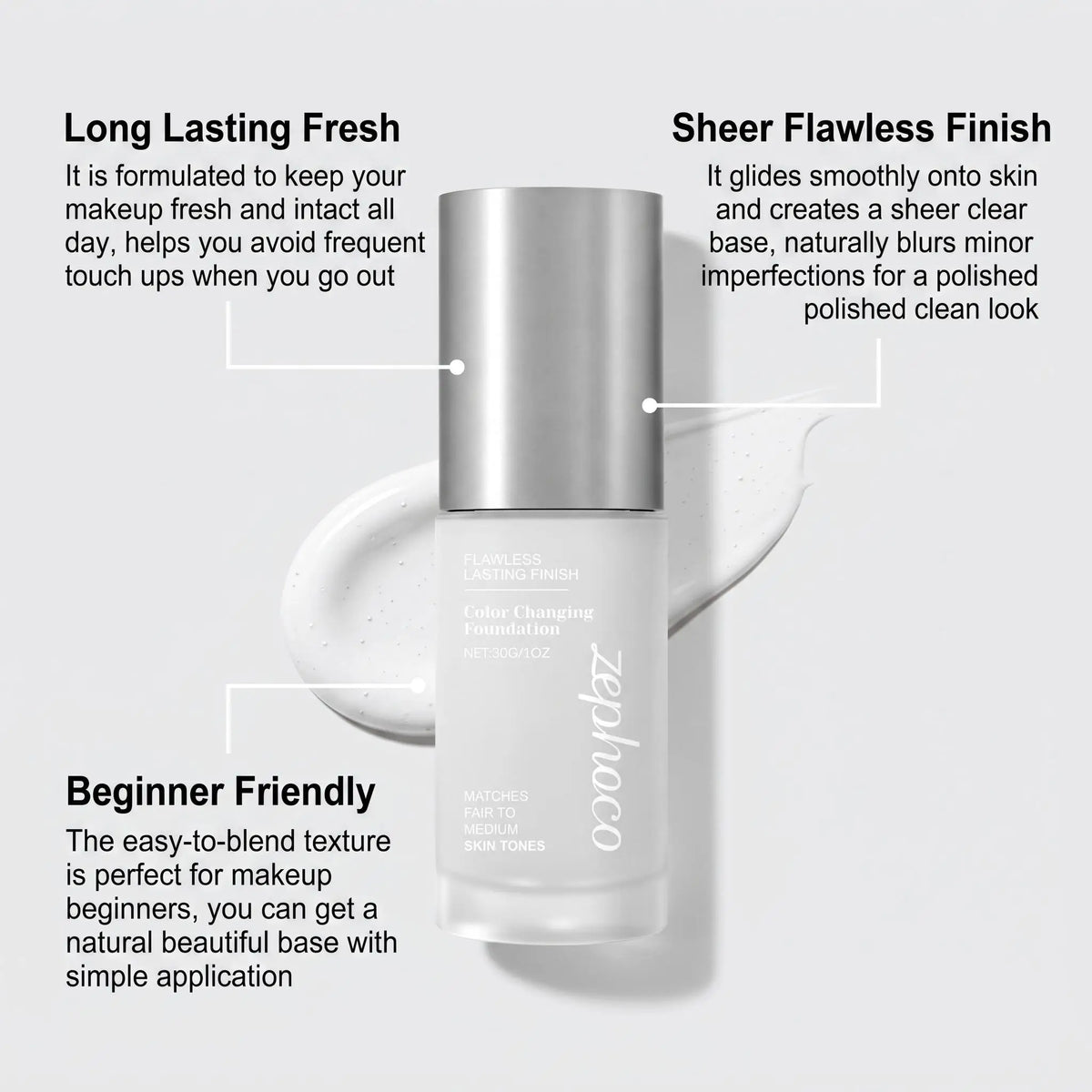 Color Changing Waterproof Foundation for Fair to Medium Skin Tones