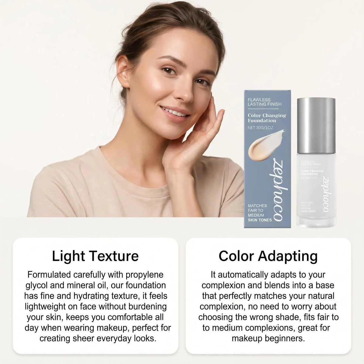 Color Changing Waterproof Foundation for Fair to Medium Skin Tones