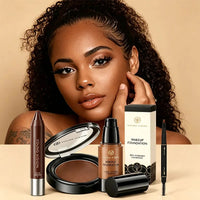 4-Piece Face Makeup Set with Foundation, Eyebrow Pencil, Lipstick, and Powder