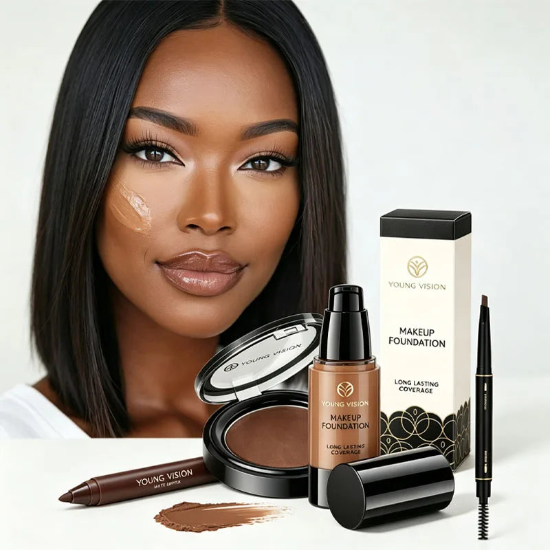 4-Piece Face Makeup Set with Foundation, Eyebrow Pencil, Lipstick, and Powder