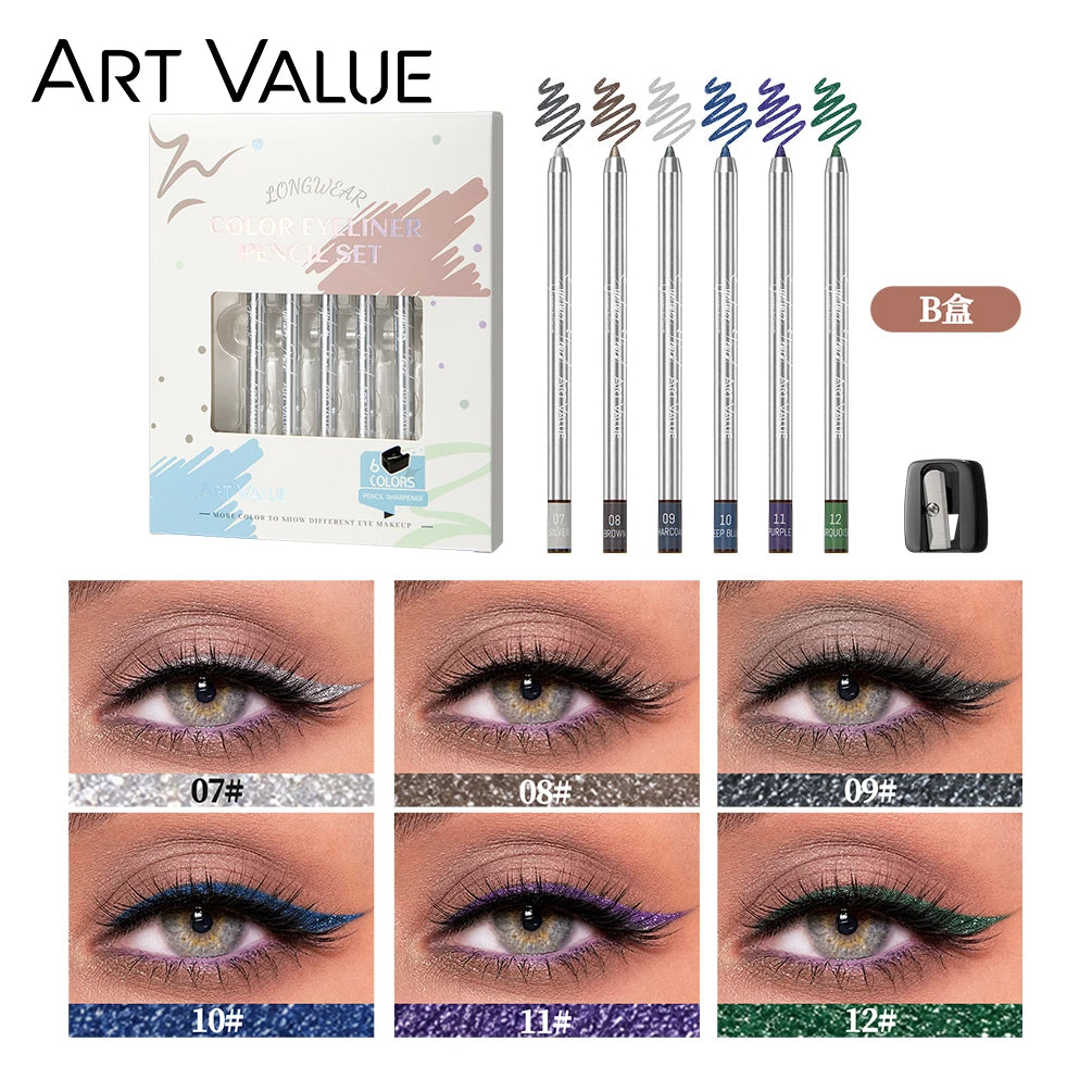 ART VALUE 6-Color Matte and Shimmer Eyeliner Pencil Set