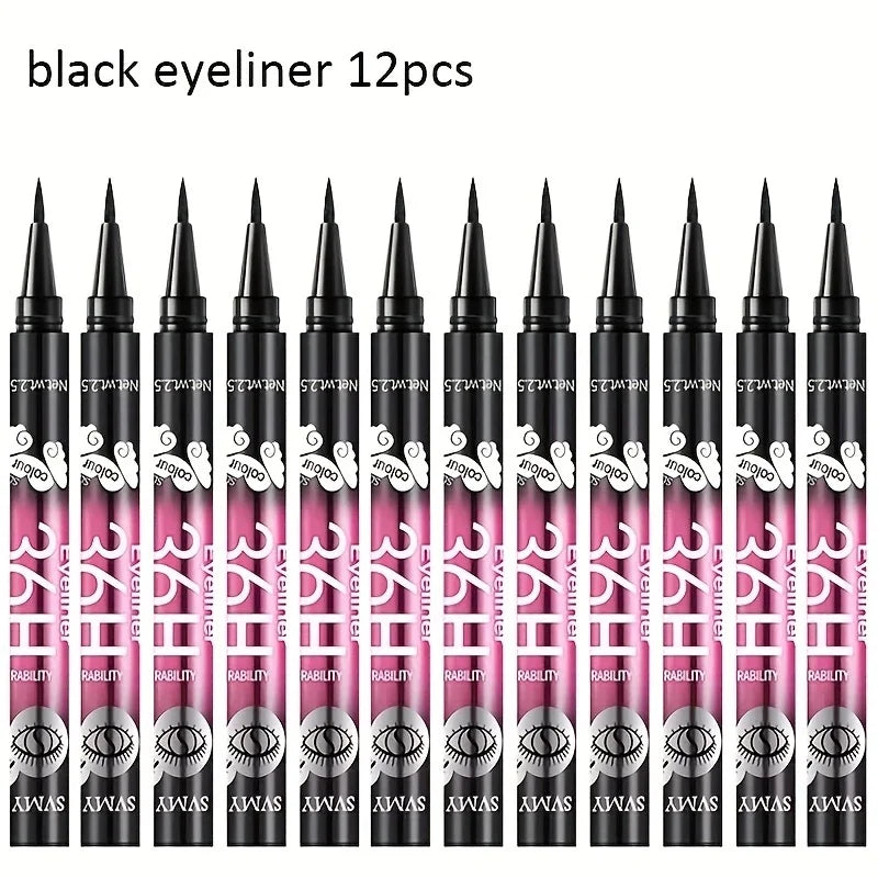 12-Pack Waterproof Long-Lasting Black Liquid Eyeliners