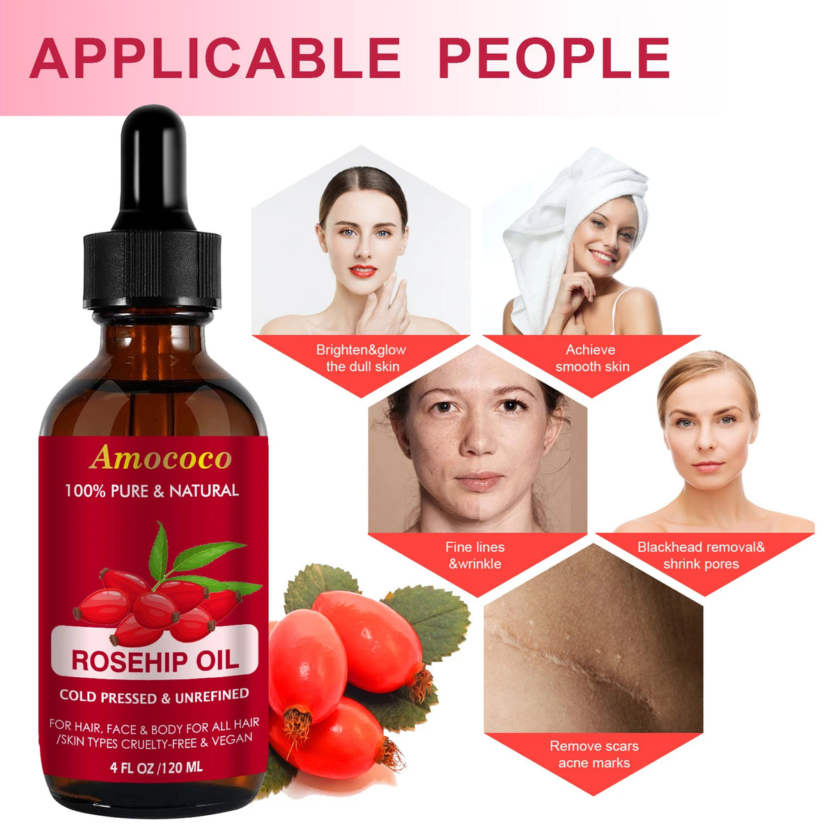 Amococo Jojoba and Rosehip Oil Set, Cold Pressed Face and Body Oil, 2 x 120ml