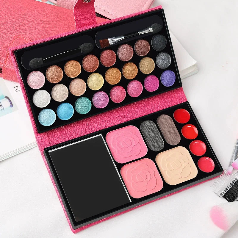 33-Color Portable Makeup Palette with Mirror, Blush, and Lipstick