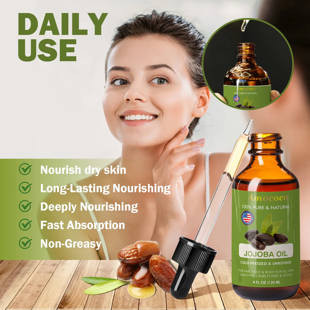 Amococo Jojoba and Rosehip Oil Set, Cold Pressed Face and Body Oil, 2 x 120ml