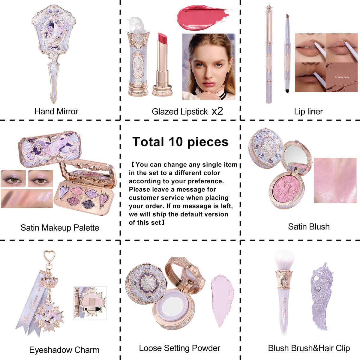 Knight Unicorn Makeup Set with Eyeshadow, Blush, Lipstick and Loose Powder