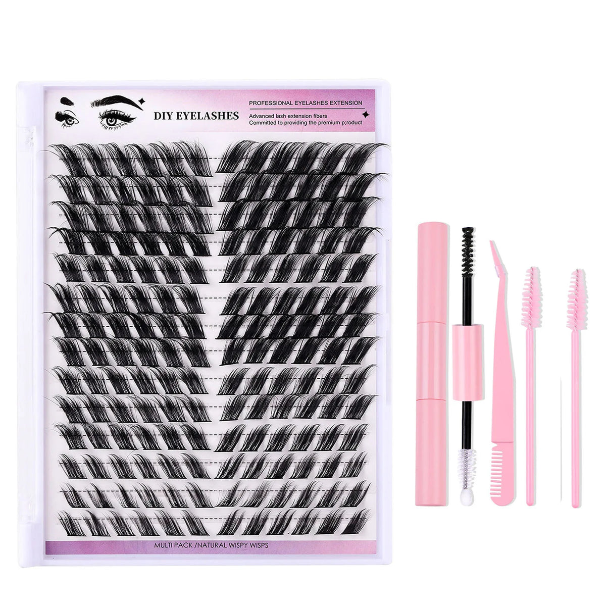 168-Row DIY Cluster Eyelash Extension Kit with Bond and Seal Glue (12-18mm D Curl)