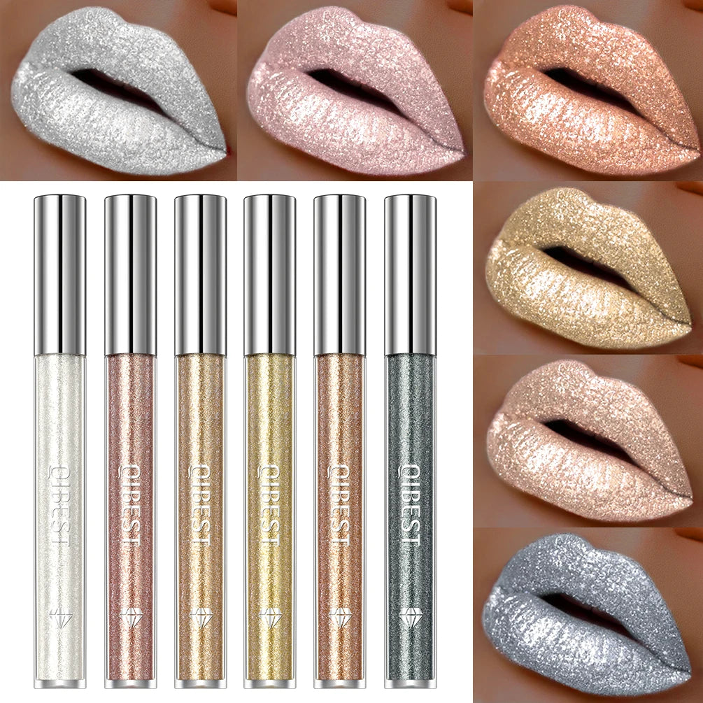 Glitter Diamond Liquid Lipstick, Waterproof Long Lasting Metallic Lip Gloss - 6 Colors