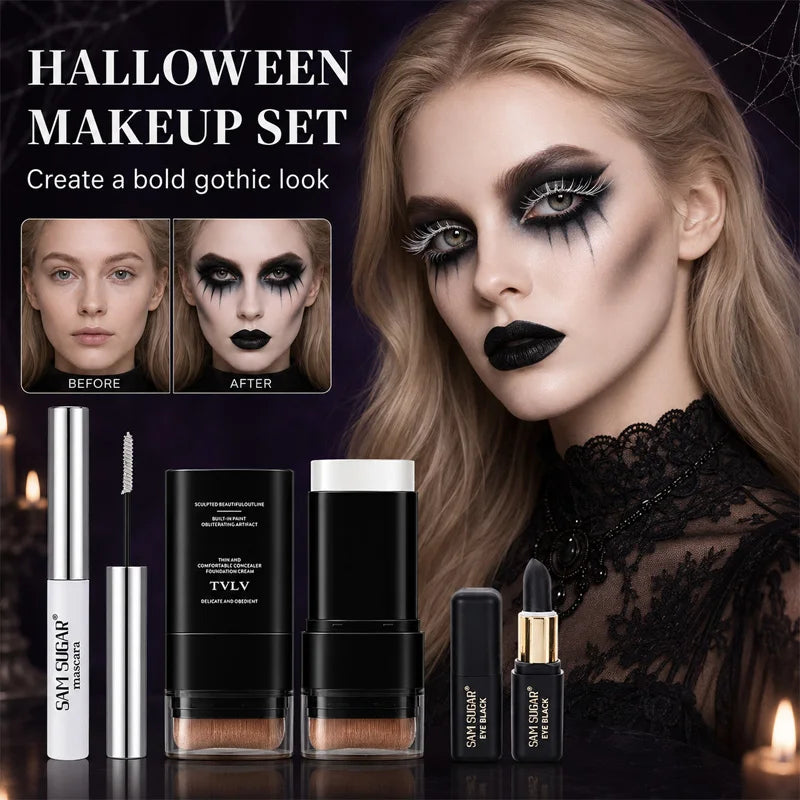 3-Piece Halloween Makeup Kit with Mascara, White Foundation, and Black Face Paint Stick