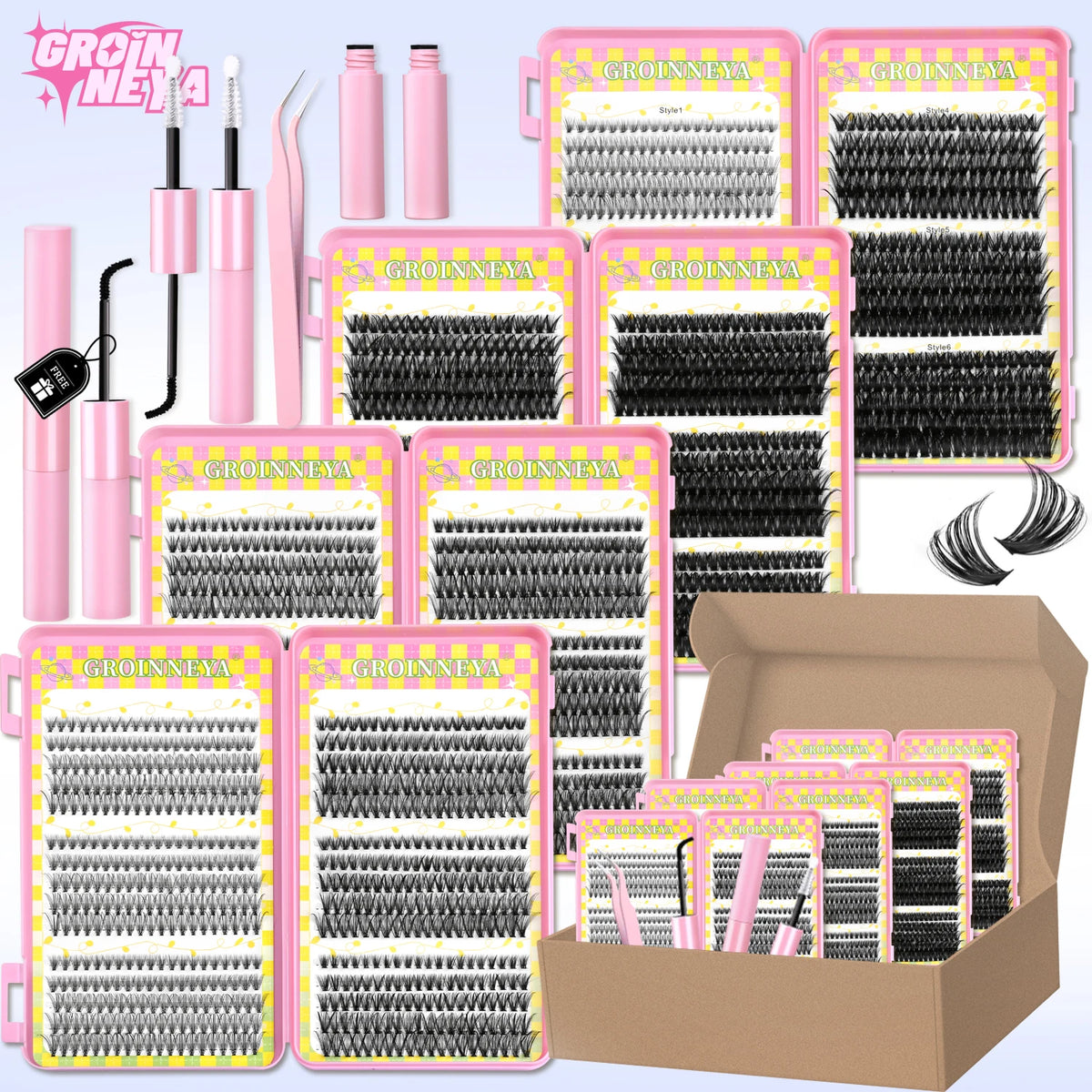 GROINNEYA Clusters Lashes With Waterproof Strong Hold DIY Lash Extension Kit Lash Bond And Seal And Eyelash Tweezers Makeup