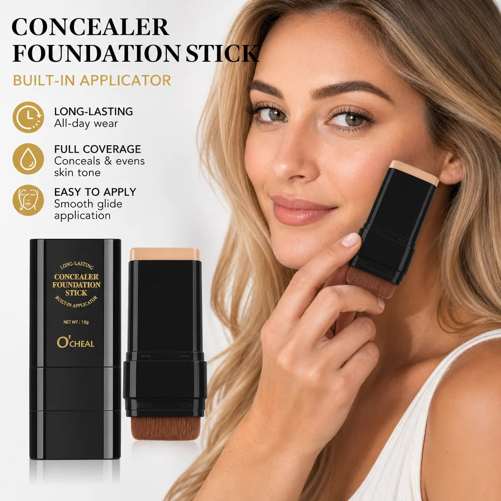 2-in-1 Full Coverage Foundation and Concealer Stick with Brush, 15g