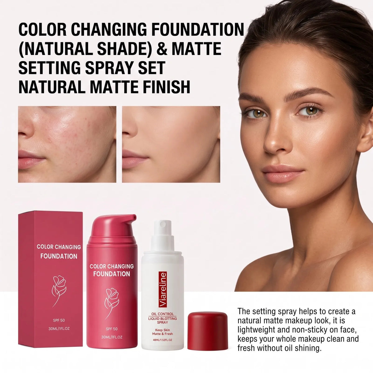 Thermal Color Changing Foundation and Matte Setting Spray Set with SPF 50