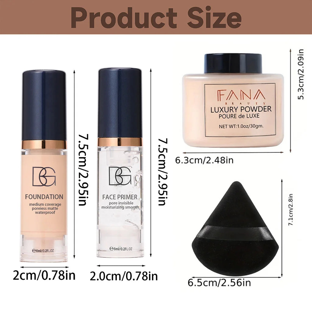 4-Piece Face Makeup Set with Primer, Foundation, and Setting Powder