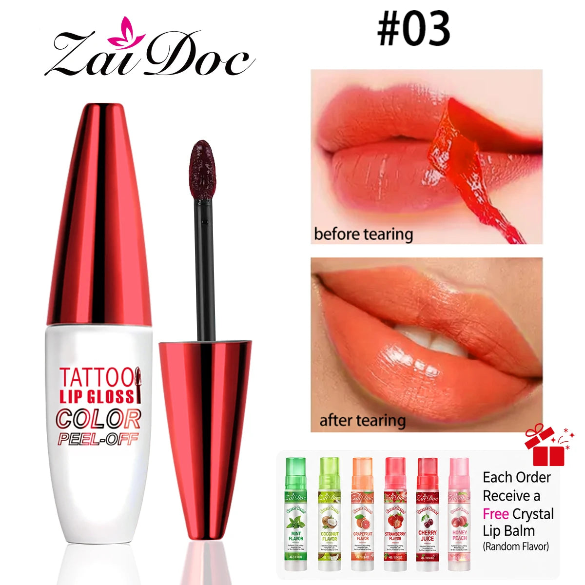 4-Color Peel Off Lip Stain Tint Set, 10g Each