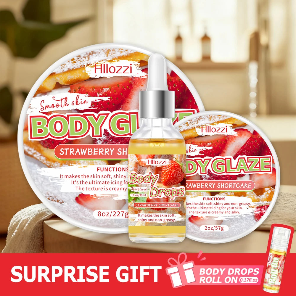 Strawberry Body Care Set with Body Drops, Body Glaze, and Roll-on