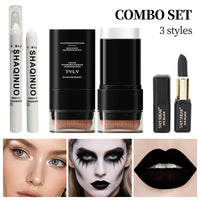 3-Piece Halloween Gothic Makeup Set with White Foundation, Highlighter, and Black Face Paint
