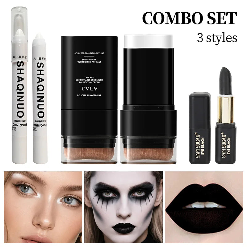 3-Piece Halloween Gothic Makeup Set with White Foundation, Highlighter, and Black Face Paint