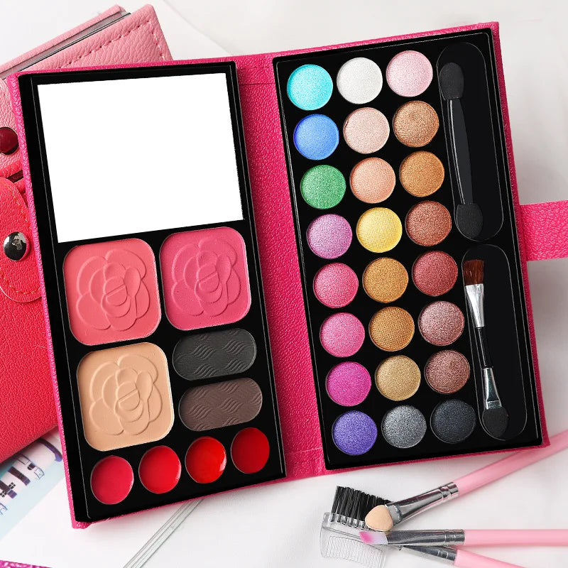 33-Color Portable Makeup Palette with Mirror, Blush, and Lipstick