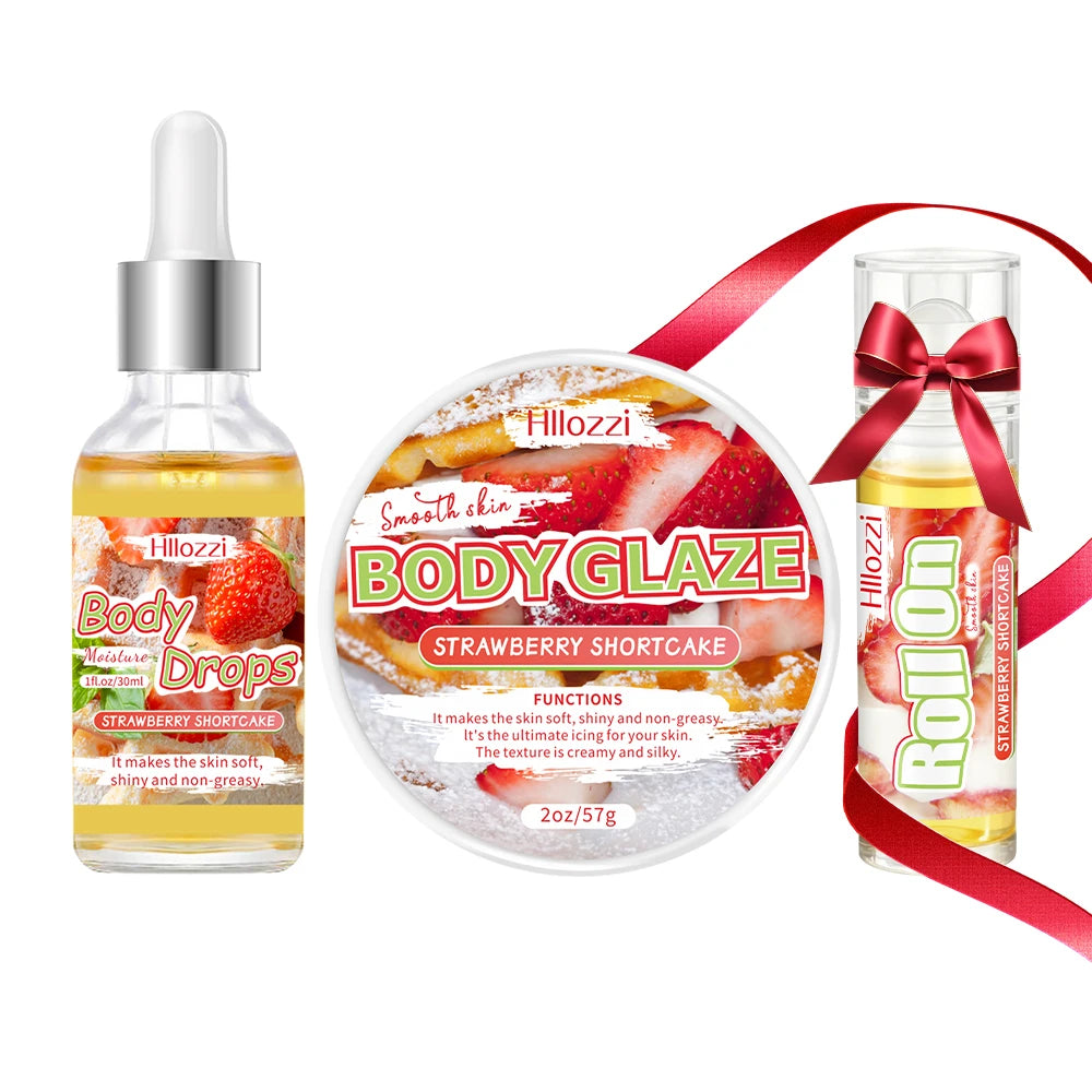 Strawberry Body Care Set with Body Drops, Body Glaze, and Roll-on