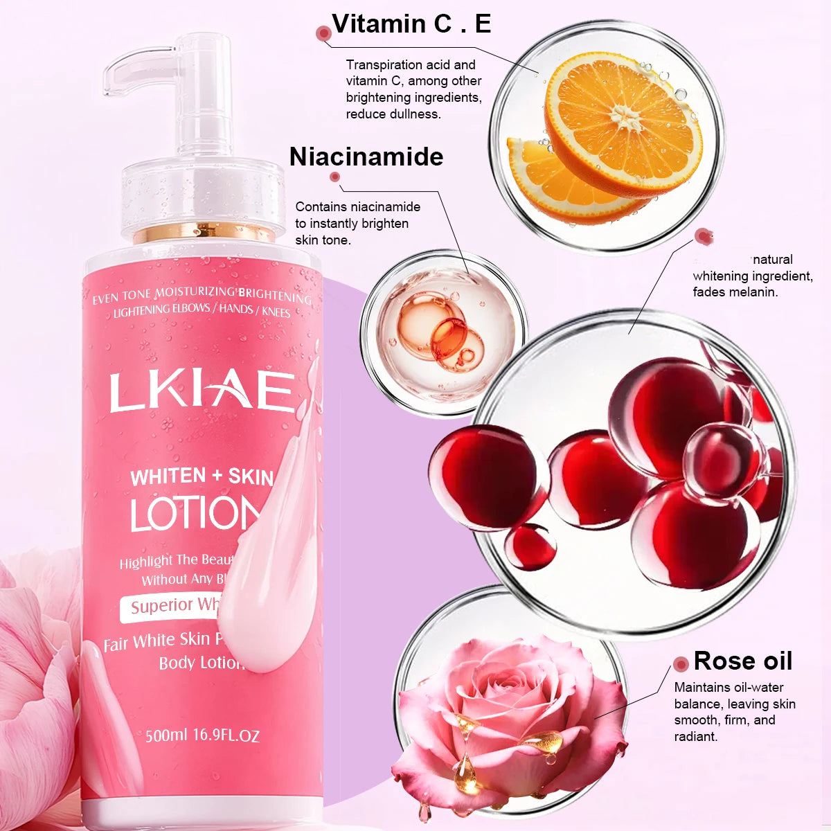 Whitening Body Lotion with Rose Oil and Vitamin C, 500ml