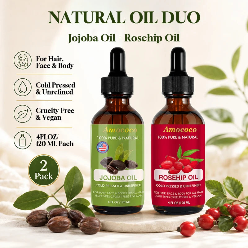 Amococo Jojoba and Rosehip Oil Set, Cold Pressed Face and Body Oil, 2 x 120ml