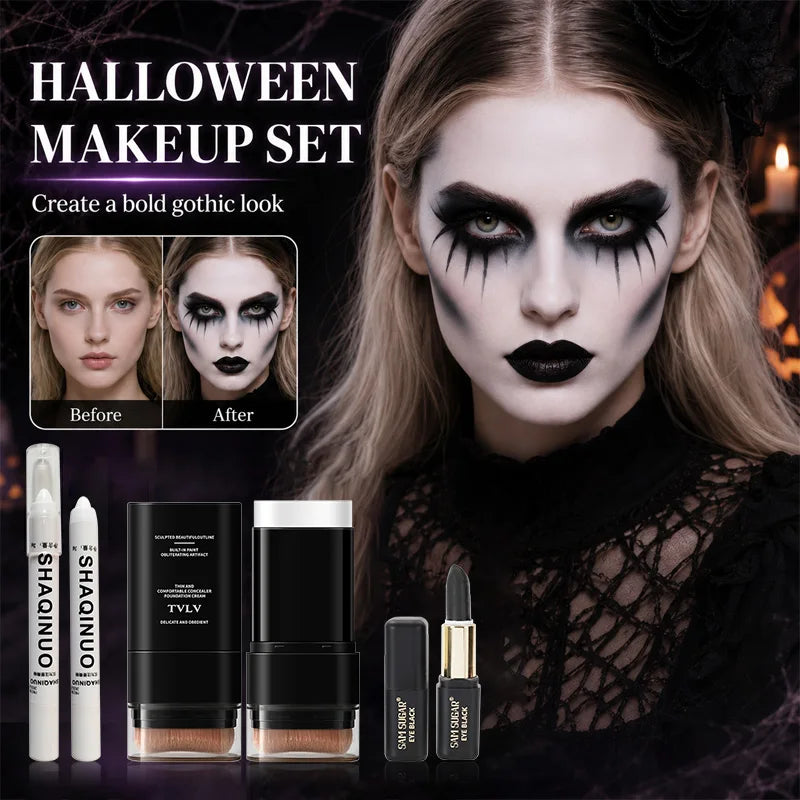 3-Piece Halloween Gothic Makeup Set with White Foundation, Highlighter, and Black Face Paint
