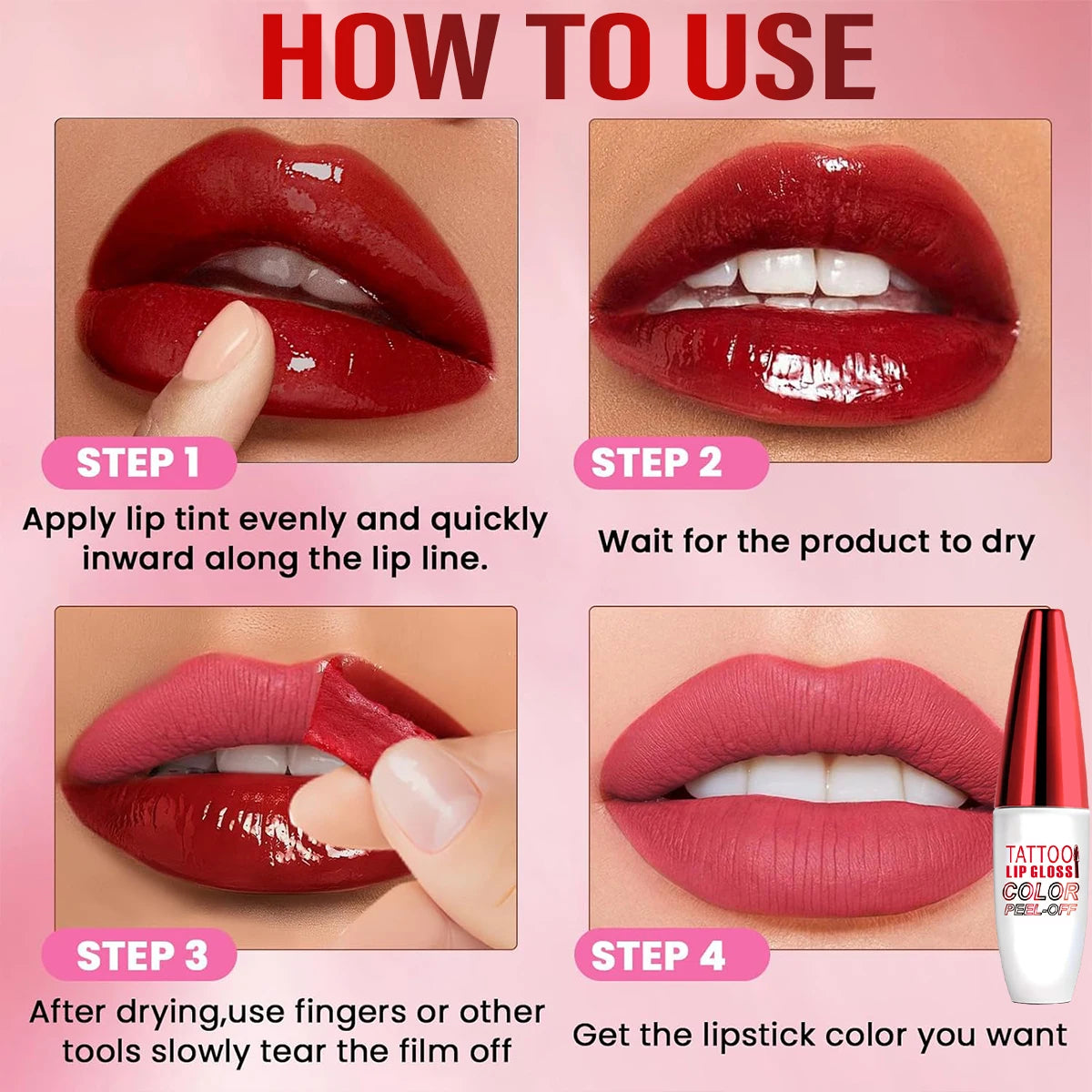 4-Color Peel Off Lip Stain Tint Set, 10g Each