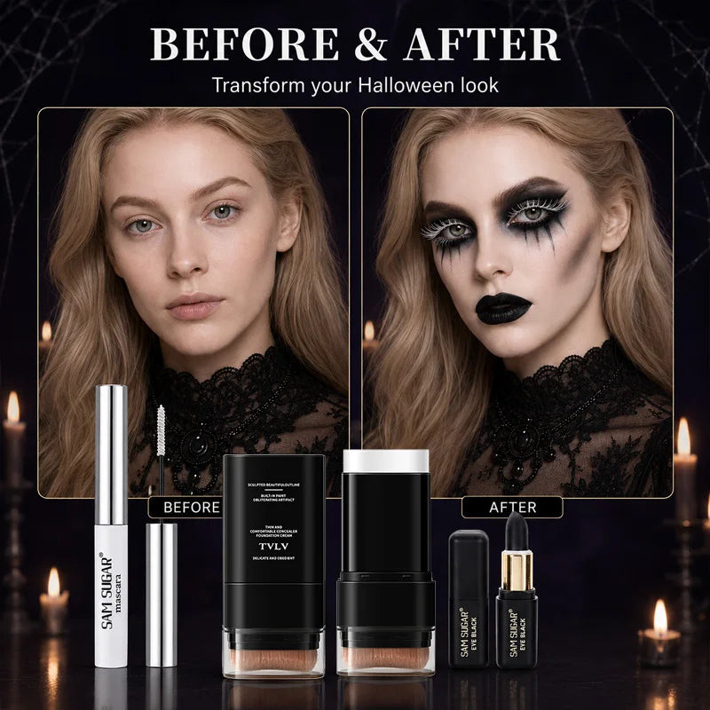 3-Piece Halloween Makeup Kit with Mascara, White Foundation, and Black Face Paint Stick