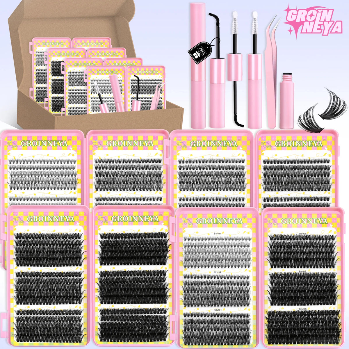 GROINNEYA Clusters Lashes With Waterproof Strong Hold DIY Lash Extension Kit Lash Bond And Seal And Eyelash Tweezers Makeup