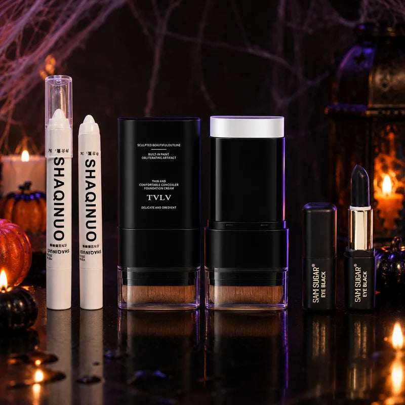 3-Piece Halloween Gothic Makeup Set with White Foundation, Highlighter, and Black Face Paint