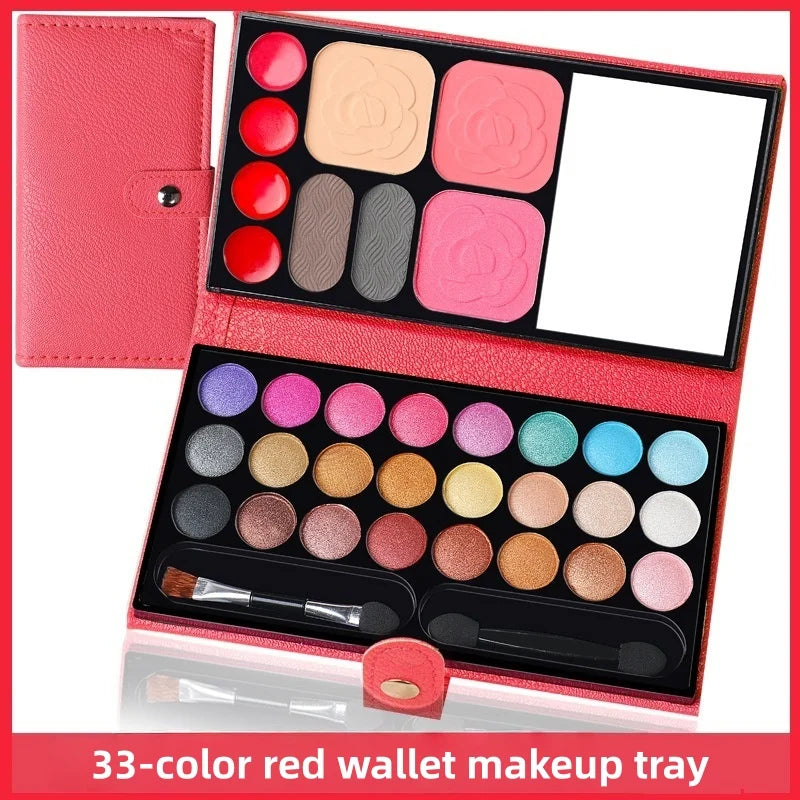 33-Color Portable Makeup Palette with Mirror, Blush, and Lipstick