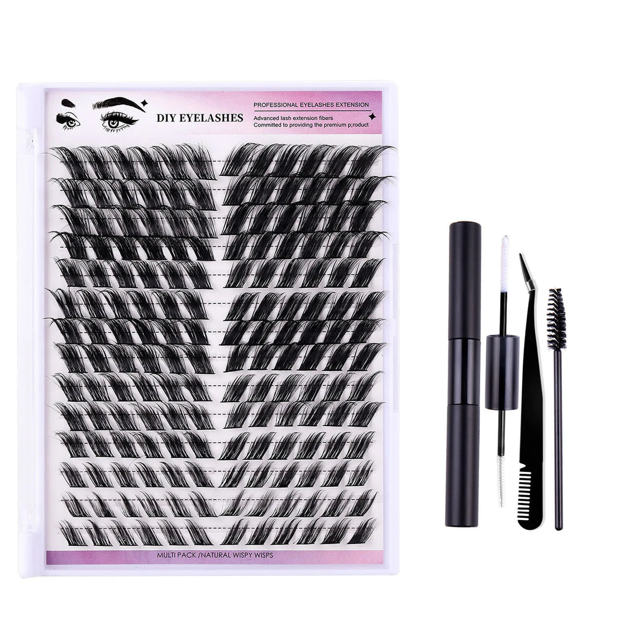 168-Row DIY Cluster Eyelash Extension Kit with Bond and Seal Glue (12-18mm D Curl)