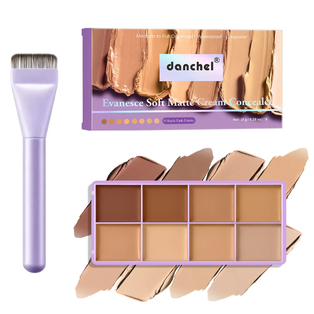 8-Color Full Coverage Matte Cream Concealer Palette with Brush