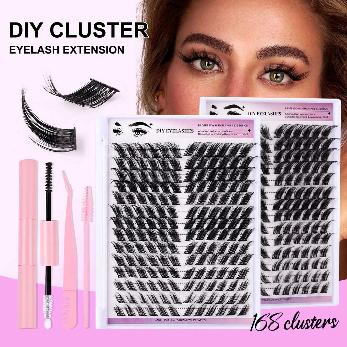 168-Row DIY Cluster Eyelash Extension Kit with Bond and Seal Glue (12-18mm D Curl)