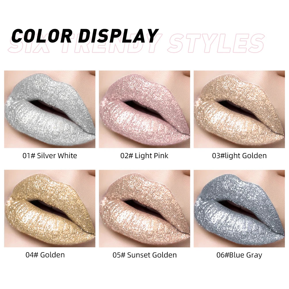 Glitter Diamond Liquid Lipstick, Waterproof Long Lasting Metallic Lip Gloss - 6 Colors