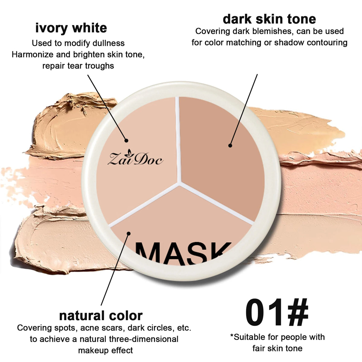 3-Color Full Coverage Cream Concealer Palette, 15g
