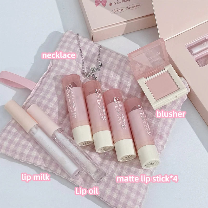 7-Piece Makeup Gift Set with Liquid Lipsticks, Blush Palette, and Necklace