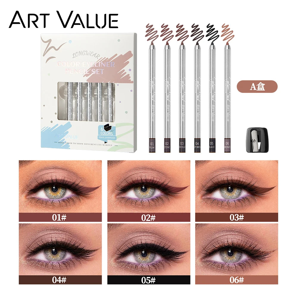 ART VALUE 6-Color Matte and Shimmer Eyeliner Pencil Set