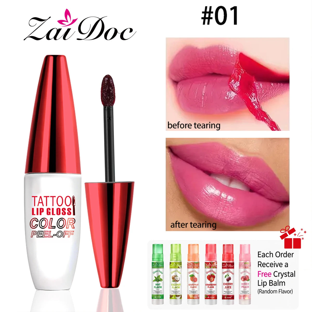 4-Color Peel Off Lip Stain Tint Set, 10g Each