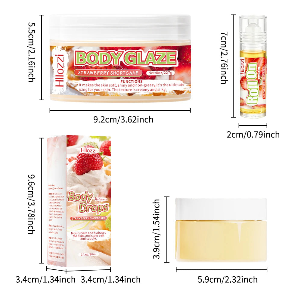 Strawberry Body Care Set with Body Drops, Body Glaze, and Roll-on