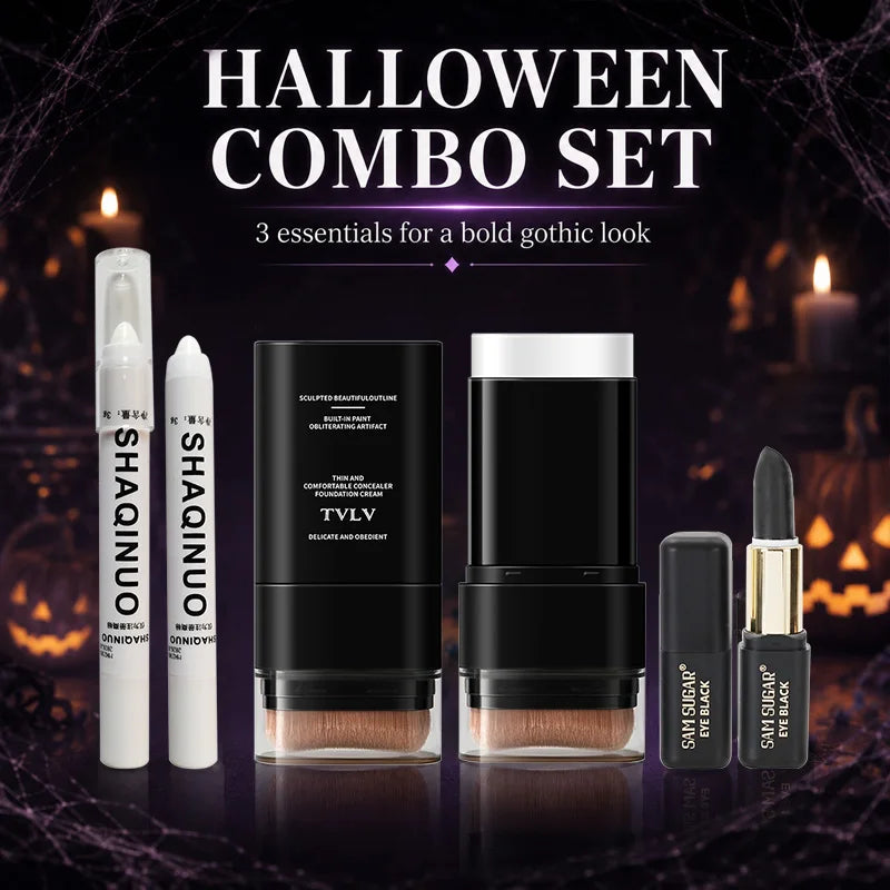 3-Piece Halloween Gothic Makeup Set with White Foundation, Highlighter, and Black Face Paint