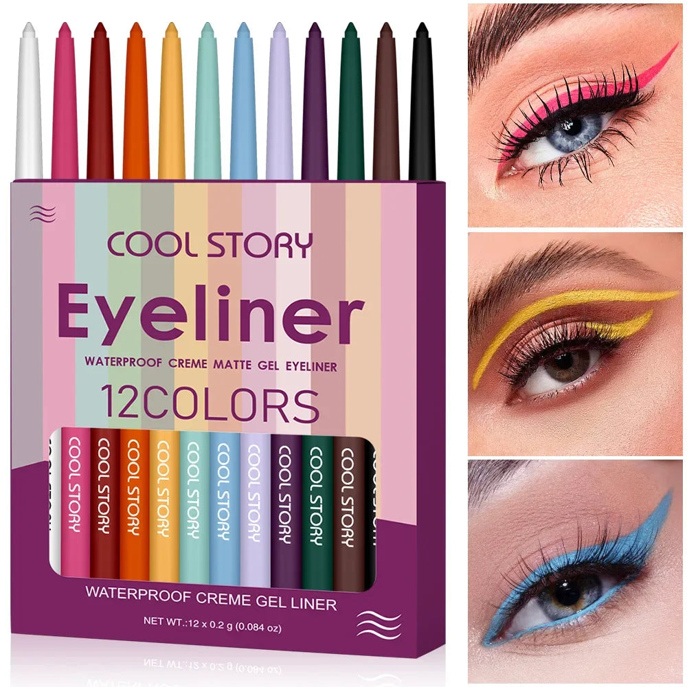 12-Color Waterproof Matte Eyeliner Pencil Set