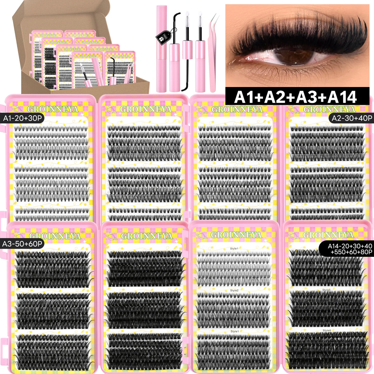 GROINNEYA Clusters Lashes With Waterproof Strong Hold DIY Lash Extension Kit Lash Bond And Seal And Eyelash Tweezers Makeup