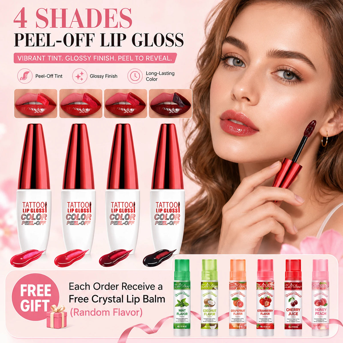 4-Color Peel Off Lip Stain Tint Set, 10g Each
