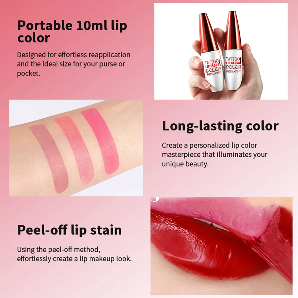 4-Color Peel Off Lip Stain Tint Set, 10g Each