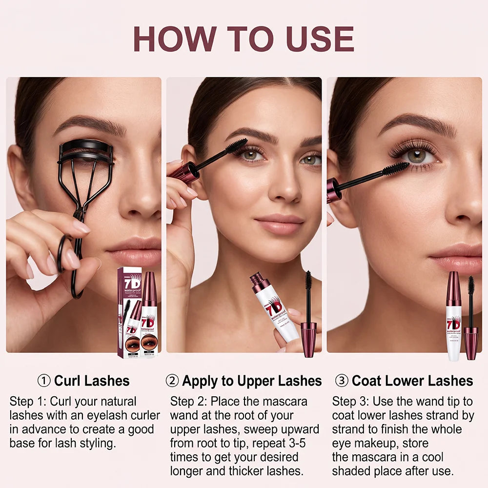 7D Volumizing Waterproof Mascara - Long Lasting Black Eye Makeup
