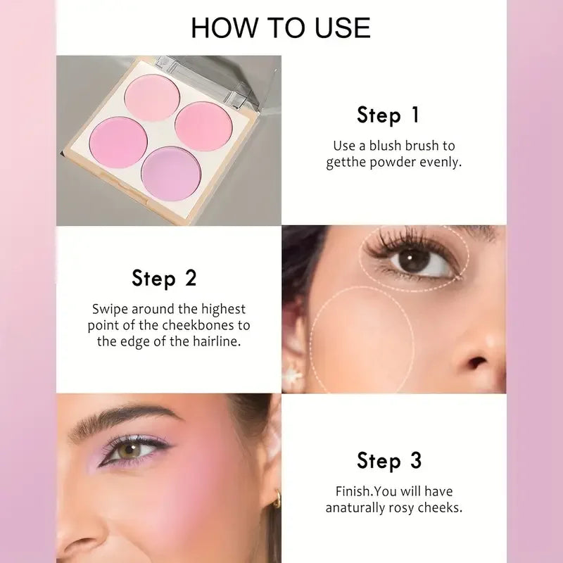 4-Color Matte Blush Palette - Waterproof Long-Lasting Pink Purple Tones