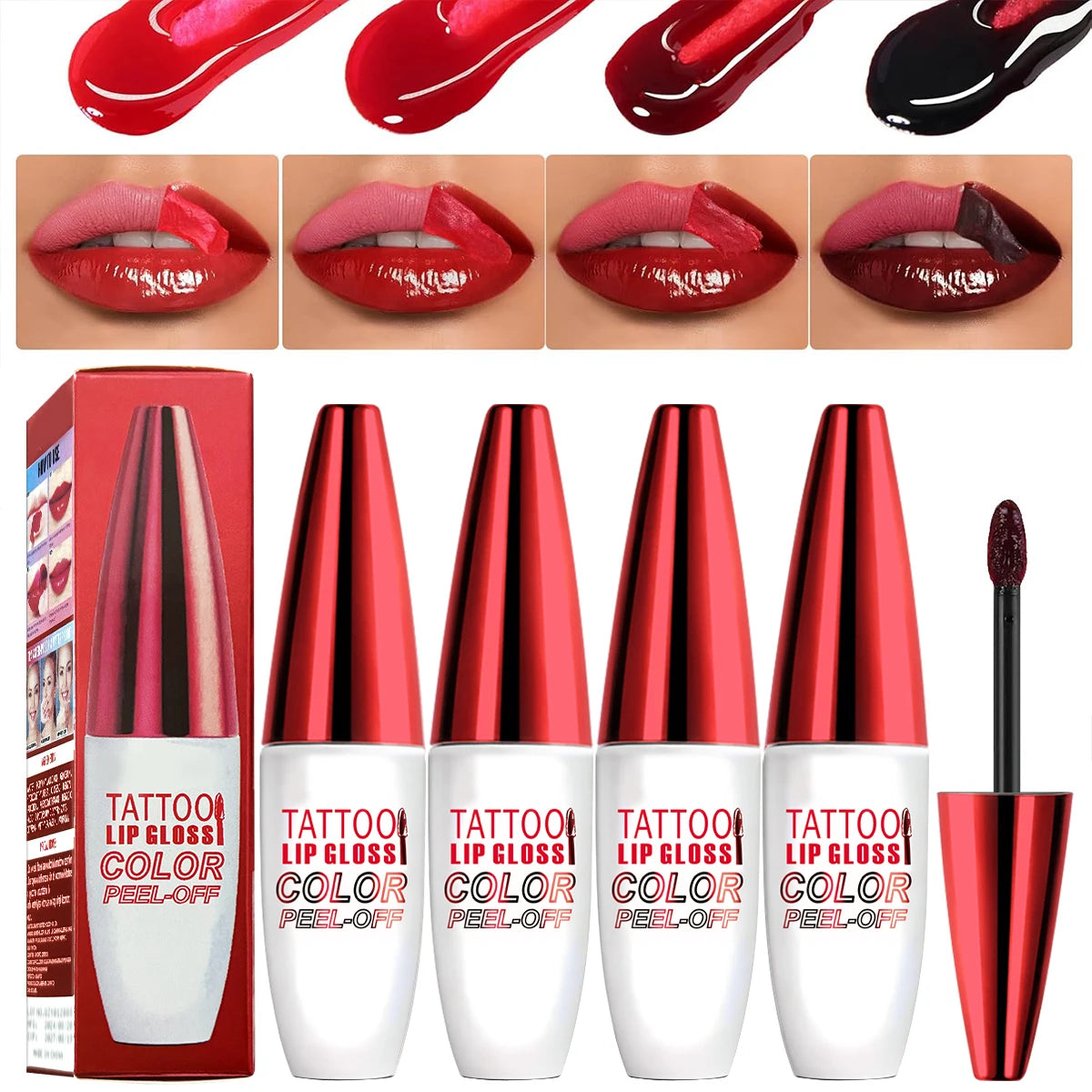 4-Color Peel Off Lip Stain Tint Set, 10g Each