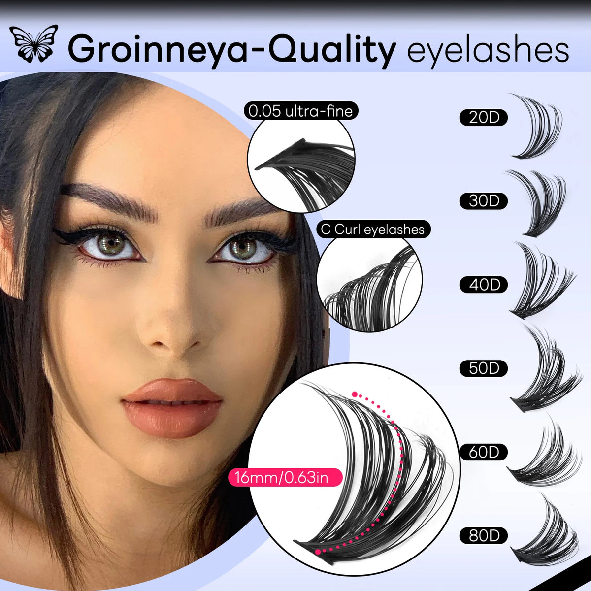 GROINNEYA Clusters Lashes With Waterproof Strong Hold DIY Lash Extension Kit Lash Bond And Seal And Eyelash Tweezers Makeup